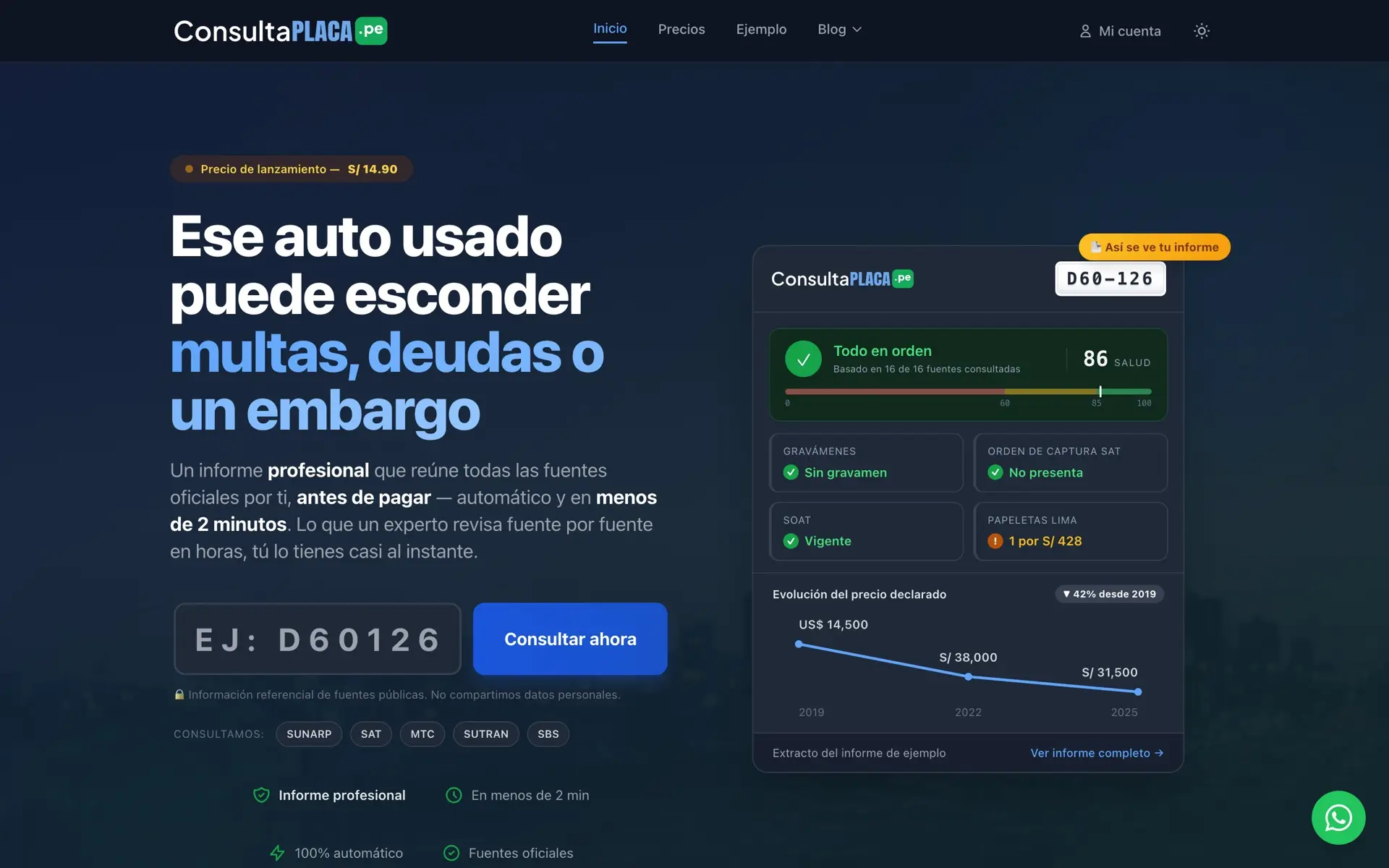 Landing de ConsultaPlaca.pe con el informe vehicular de ejemplo: score de salud, gravámenes, SOAT y papeletas