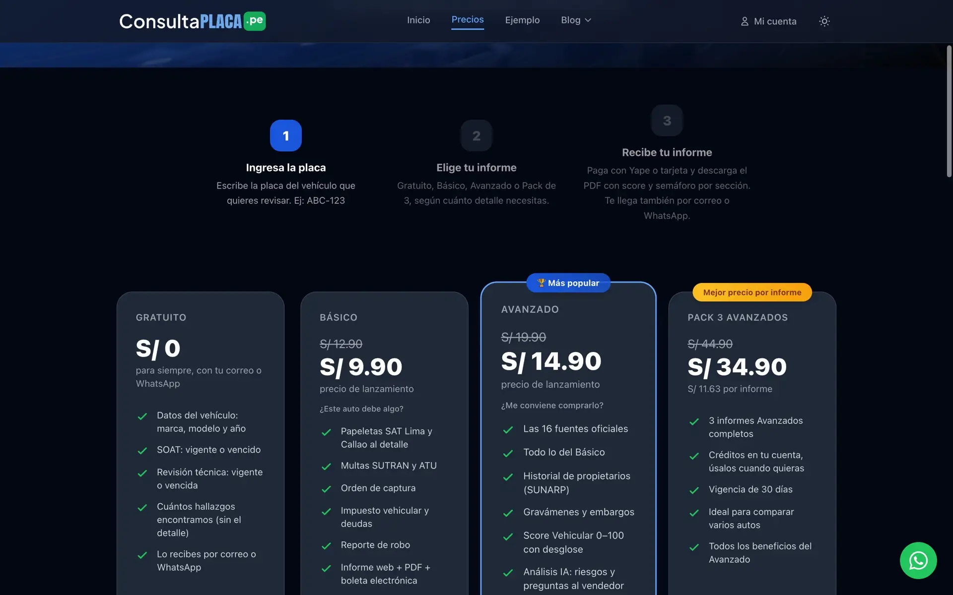 Planes y precios de ConsultaPlaca.pe: Gratuito, Básico, Avanzado y Pack 3