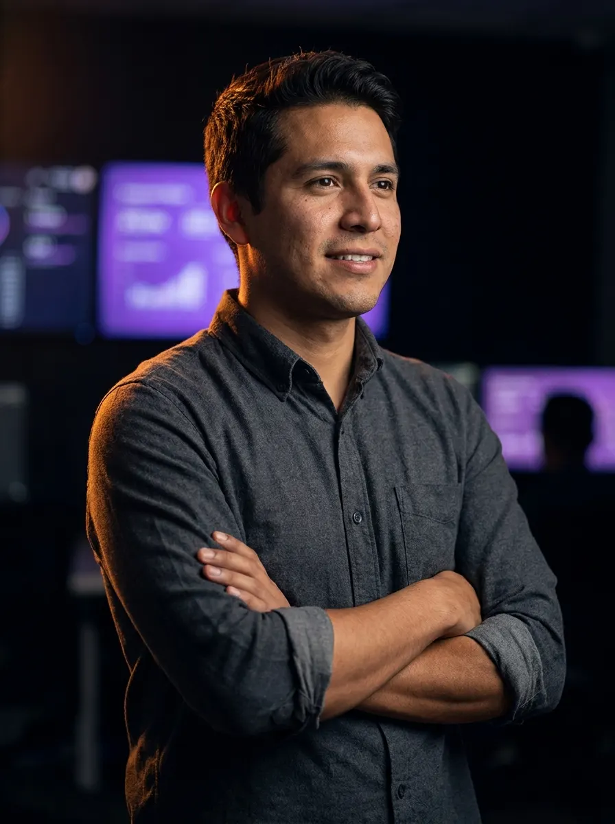 Profesional de Wari Digital trabajando con datos e inteligencia artificial, iluminación cálida sobre fondo oscuro